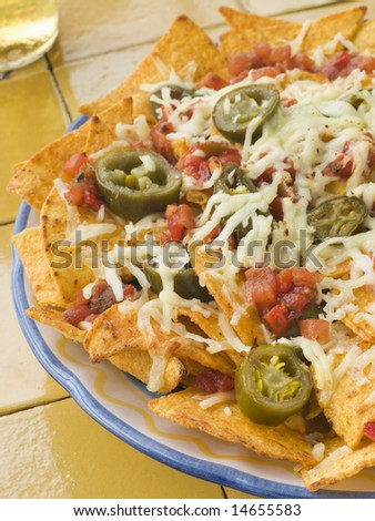 stock photo : Platter of Nachos with Salsa Jalapenos and Cheese