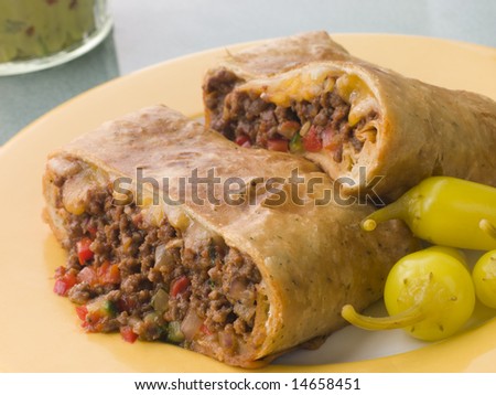 Chimichanga with Pickled Chillies and Guacamole