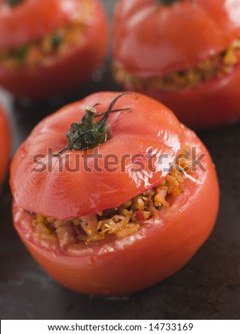 Stuffed Beef Tomato on a Baking Sheet