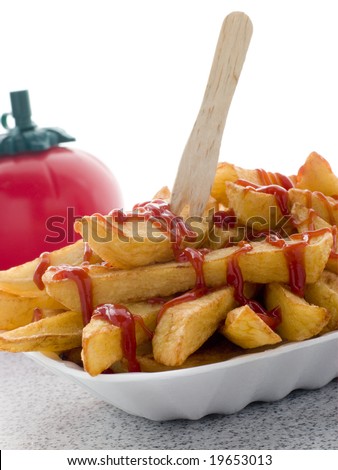 stock photo : Portion Of Chips In A Polystyrene Tray With Tomato Ketchup