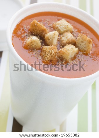 Cup Of Tomato Soup With Croutons In A Polystyrene Cup