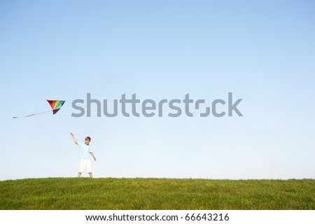 Young boy flying kite in a field
