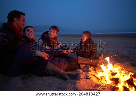 Family Sitting By Fire On Winter Beach