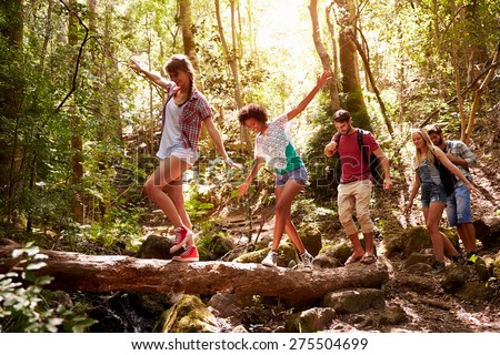 Group Of Friends On Walk Balancing On Tree Trunk In Forest