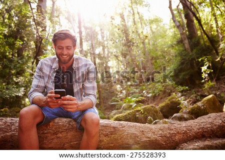 Man Sits On Tree Trunk In Forest Using Mobile Phone