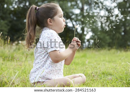 Girl In Field Blowing Seeds From Dandelion
