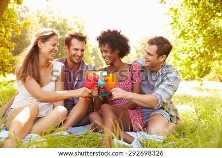 Four friends relax together drinking in the countryside