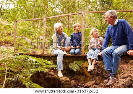 Grandparents sitting with grandkids on a bridge in a forest