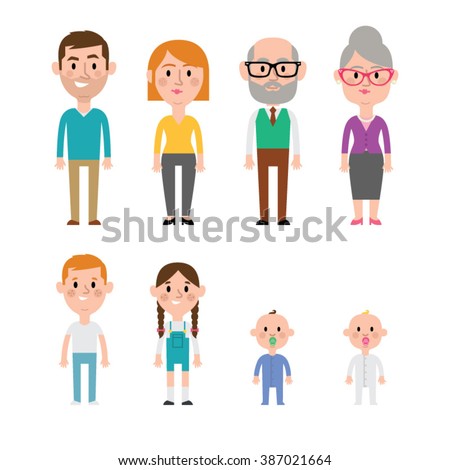 Flat vector caucasian family members. Parents, grandparents, children and baby.