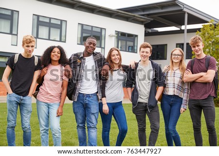 Portrait Of Student Group Outside College Buildings
