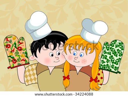 Boy and girl with chef\'s hats showing their cooking gloves