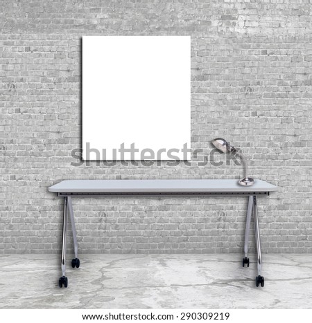 Mock up, blank poster loft workspace background with lamp on the modern style table