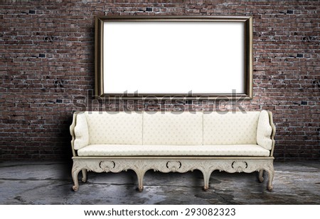 Mock up poster on dark brick wall and vintage sofa in clear interior