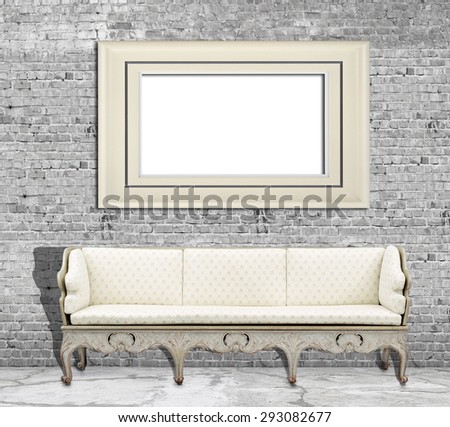 Mock up poster on white brick wall and vintage sofa in clear interior