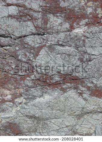 Stone texture in grey tones with dark streaks and random spots of red color.