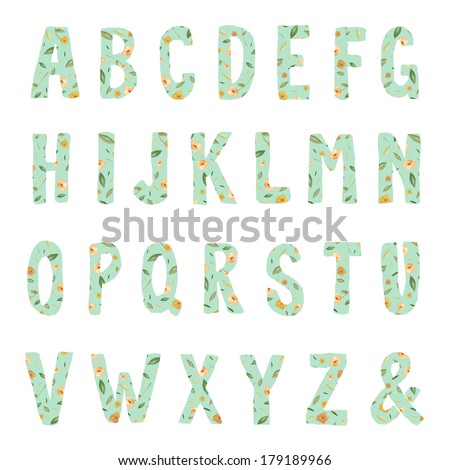 Mint Green Hand Drawn Letters Alphabet Font With Floral Print