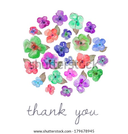 Watercolor Pansy Blooms in Circle With Thank You Note Text