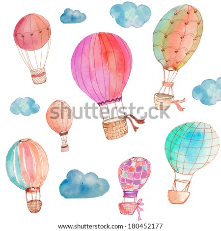 Painted Watercolor Hot Air Balloons With Watercolor Clouds