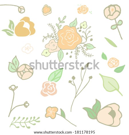 Cute Floral Elements and Hand Drawn Flower Bunches With Stems and Leaves