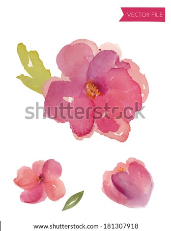 Watercolor Vector Purple Spring Flowers With Watercolor Leaves