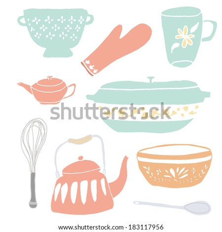 Cute Hand Drawn Set of Vintage Cooking Bowls, Tea Pot, Oven Mitt, Colander, and Rolling Pin