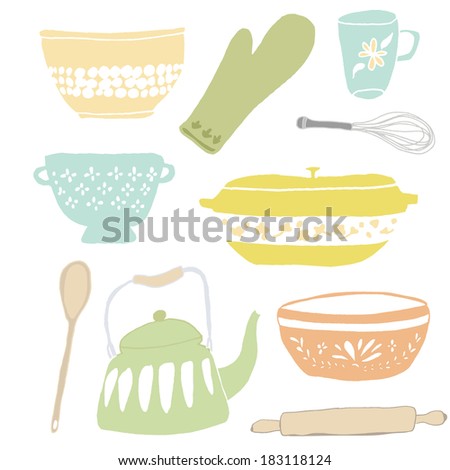 Set of Vintage Kitchen Cookware and Utensils Including Vintage Coffee Pot, Wooden Spoon, Baking Ware, and Rolling Pin