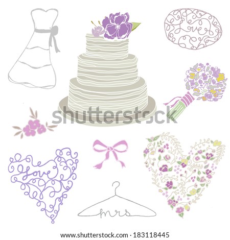 Collection of Wedding Clip Art Including Wedding Cake, Wedding Dress, Wedding Bouquet, Flowers, Ribbon, and Love Calligraphy Script