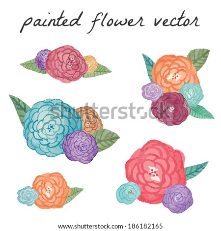 Hand Painted Flower Vector. Colorful Painted Flowers. Hand Painted Flower Bunches. Painted Leaves
