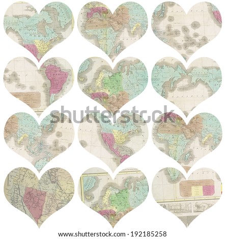 Vintage Map Hearts. Vintage Hearts. Travel Love. Love Travel. Vintage Travel Hearts.