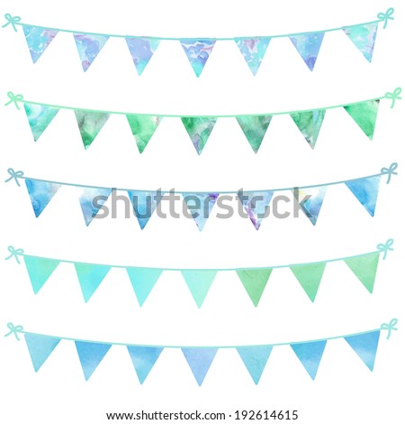 Watercolor Bunting Flags on Isolated White Background. Textured Watercolor Garland. Flag Garland on White Background