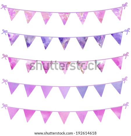 Watercolor Bunting Flags on Isolated White Background. Textured Watercolor Garland. Flag Garland on White Background