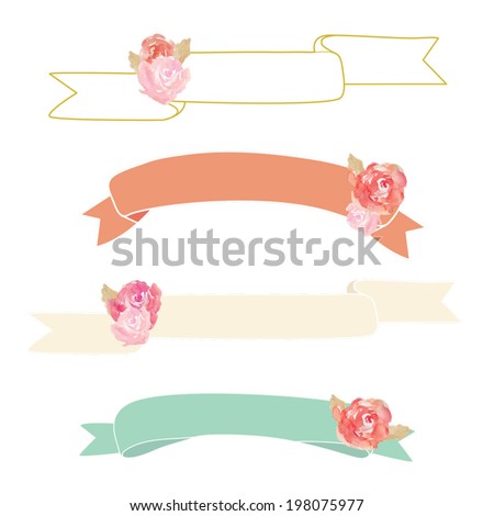 Watercolor Peony Flowers With Vector Ribbons