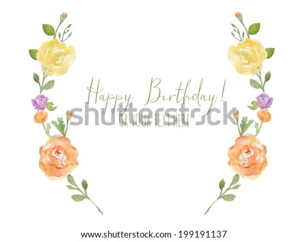 Flower Laurel Wreath With Happy Birthday Calligraphy Text. Watercolor Flower Wreath Happy Birthday Card