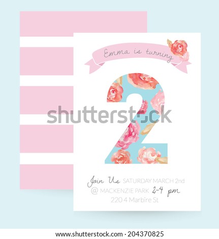 2 Year Old Birthday Invitation. Cute Girly Birthday Party Invitation Vector With Chic Flowers