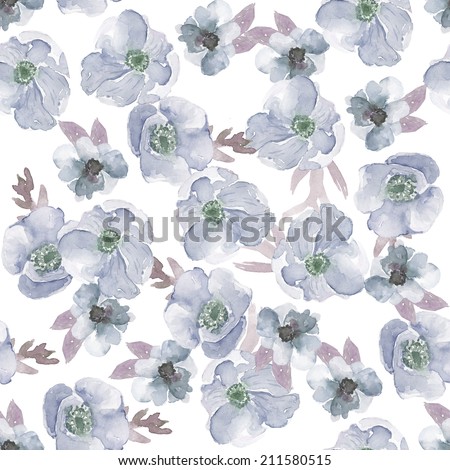 Watercolor Anemones Pattern. Shabby Chic Floral Pattern. Gray Modern Flower Background Pattern. Watercolor Floral Pattern