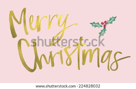 Modern Calligraphy Merry Christmas Card With Gold Merry Christmas Text.