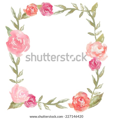 Square Watercolor Peony Wreath With Watercolor Leaves. Pink Peony Wreath