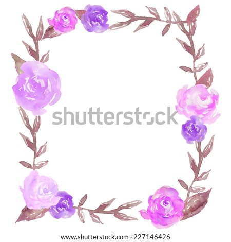 Square Watercolor Peony Wreath With Watercolor Leaves. Purple Peonies Wreath