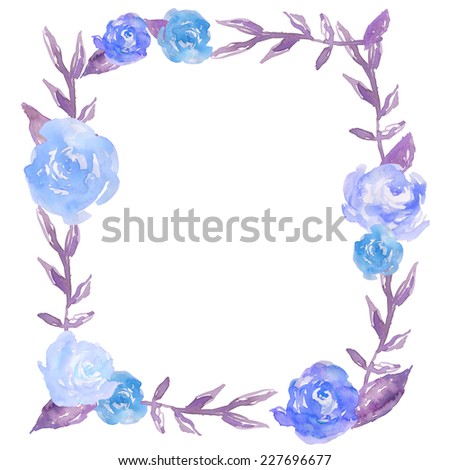 Square Watercolor Peony Wreath With Watercolor Leaves. Blue Flower Leaf Wreath.