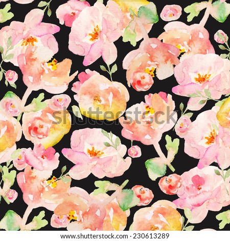 Watercolor Flower Background. Bright Watercolor Floral Background on Black. Orange, Pink and Black Modern Watercolor Flower Background