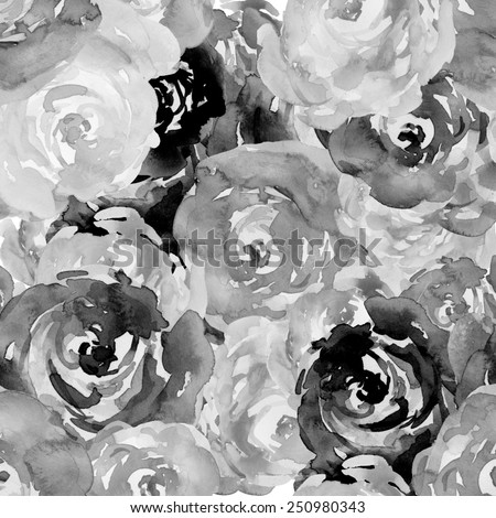 Seamless, Repeating Watercolor Peony Pattern. Black and White Watercolor Flower Pattern