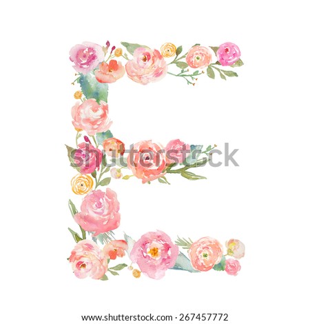 Watercolor Floral Monogram Letter E on Isolated White Background. Alphabet Letter Made of Flowers