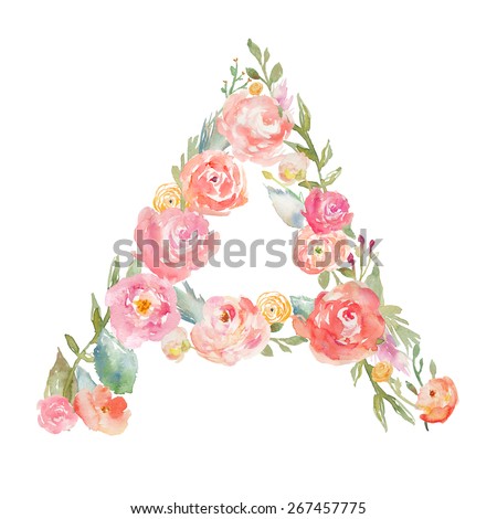 Watercolor Floral Monogram Letter A on Isolated White Background. Monogram Letter A