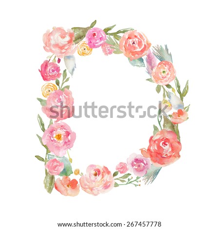 Watercolor Floral Monogram Letter D on Isolated White Background. Floral Alphabet Letter D