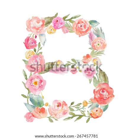 Watercolor Floral Monogram Letter B on Isolated White Background. Flower Alphabet