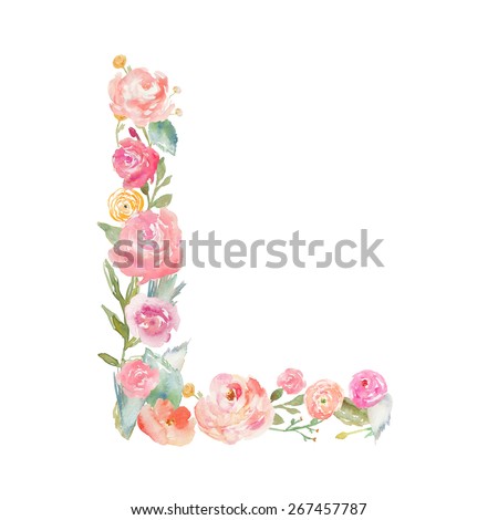 Watercolor Floral Monogram Letter L. Uppercase Flower Letter L Monogram