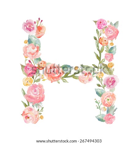 Watercolor Floral Monogram Letter H on Isolated White Background. Alphabet Letter Made of Flowers