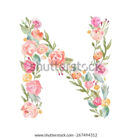 Watercolor Floral Monogram Letter N on Isolated White Background. Floral Alphabet Letter N