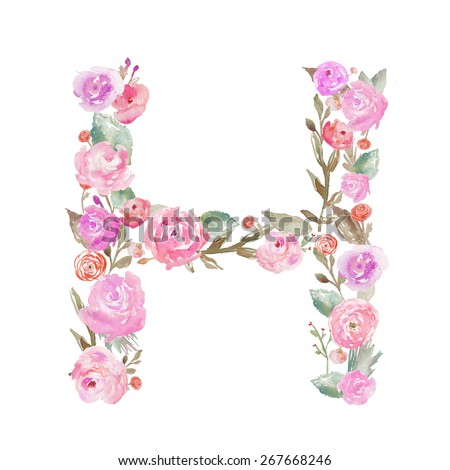 Watercolor Floral Monogram Letter H. Flower Letter H. Floral Alphabet Letter