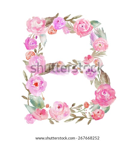 Watercolor Floral Monogram Letter B. Decorative Letter B on Isolated White Background. Alphabet Letter Made of Flowers